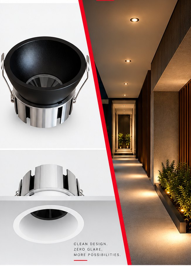 Recessed dome spotlights in a soffit, each one a deep shadowed aperture rather than a bright dot.