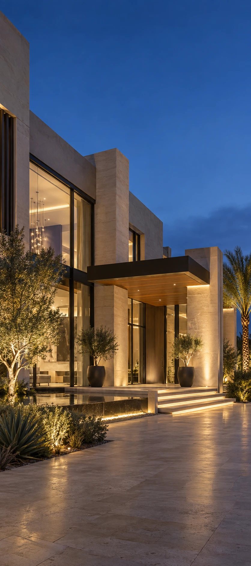 A contemporary UAE villa illuminated with warm architectural lighting at blue hour.