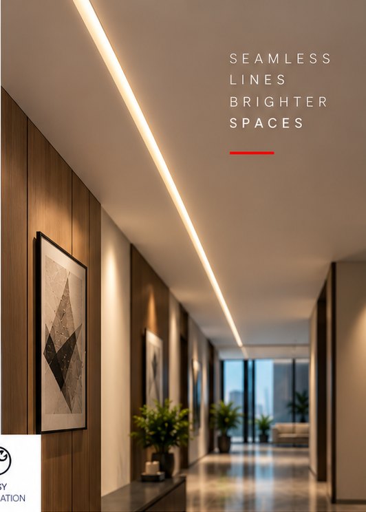 A recessed linear profile running the length of a corridor ceiling in an unbroken line of warm light.