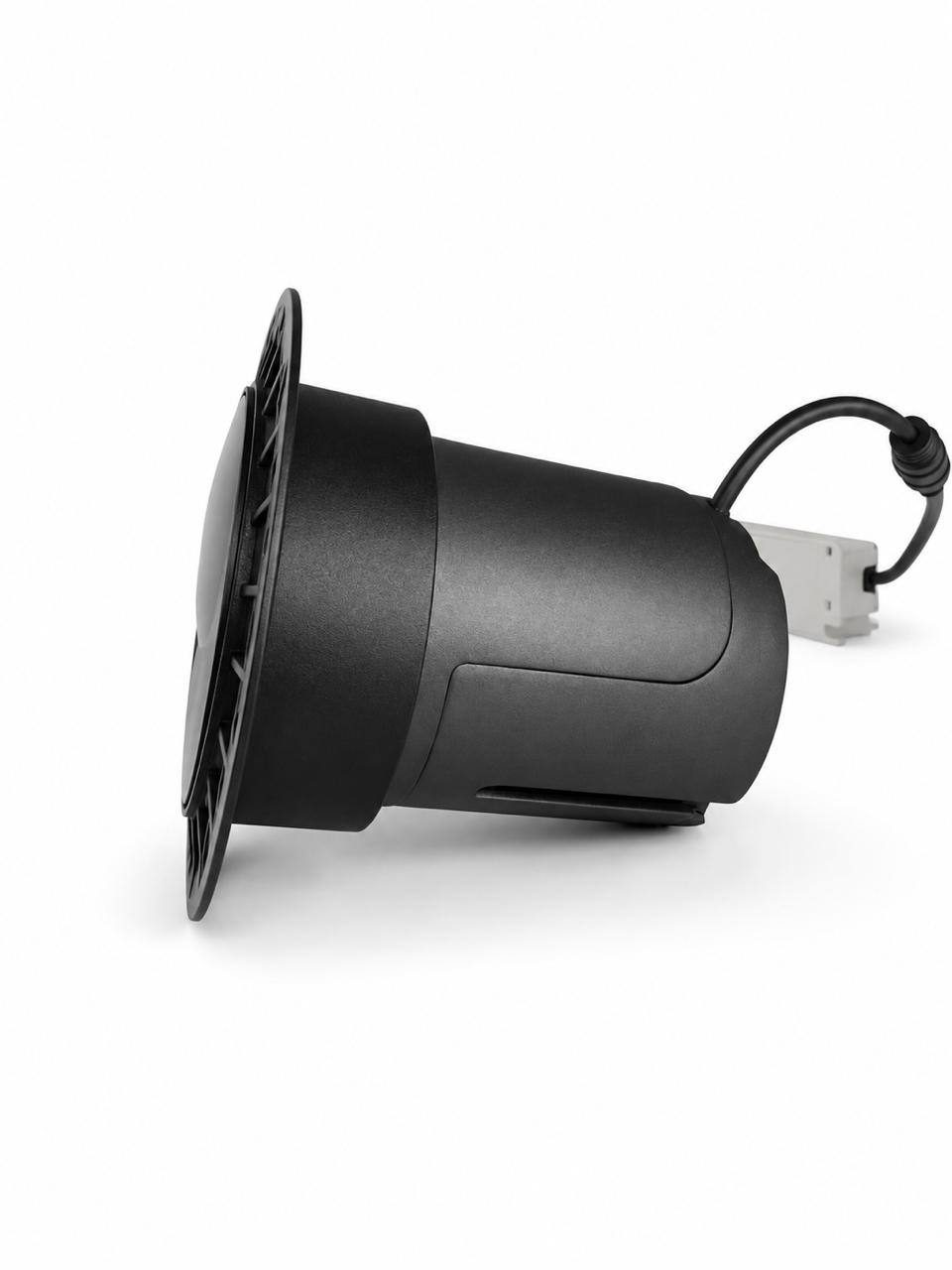 UNIFO Trimless from three-quarters, its plaster-in flange and quick-connect lead visible.