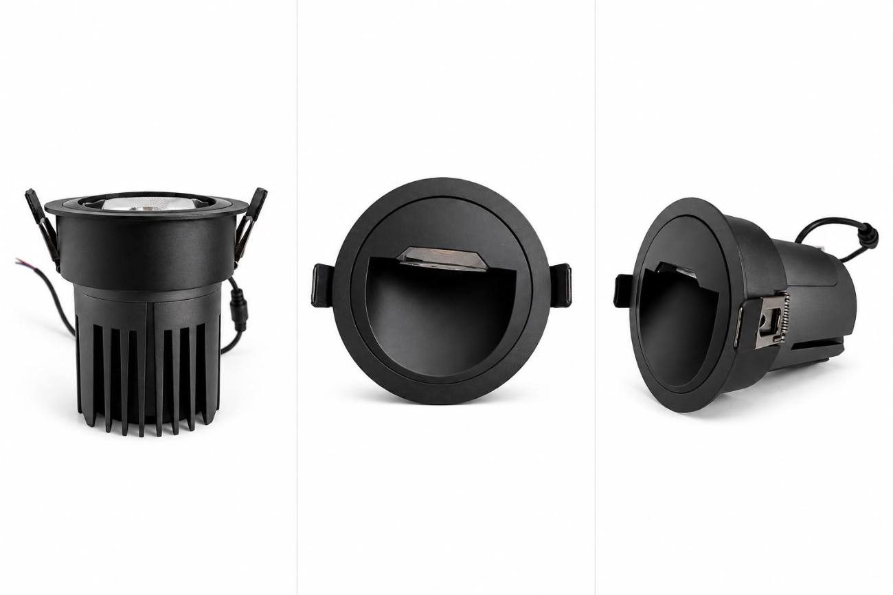 Three views of UNIFO — the light engine and its heatsink, the front, and the body from the side.