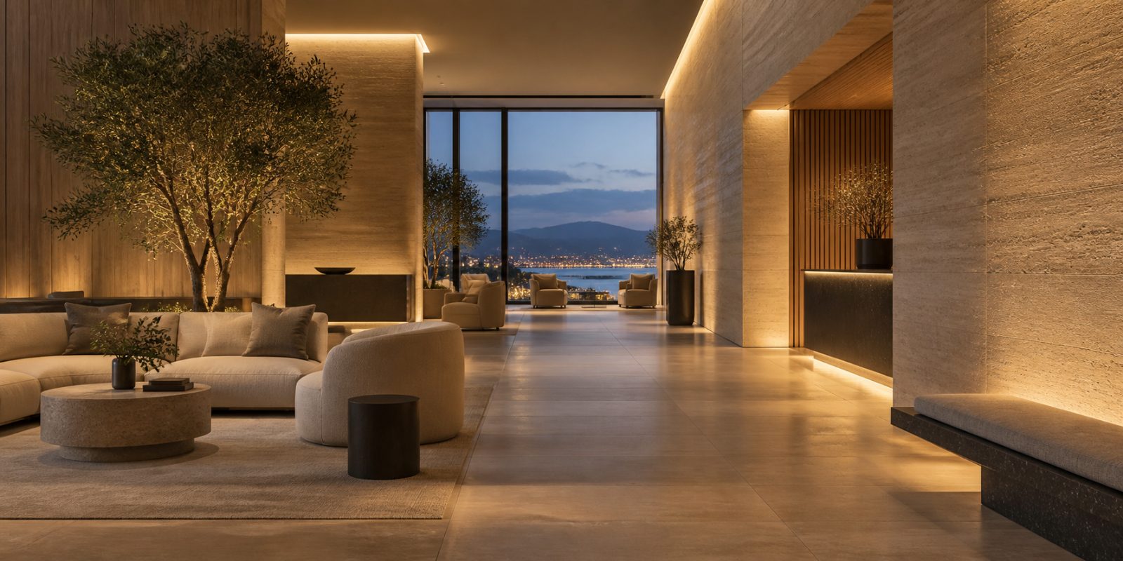 A stone-clad lobby at dusk, lit by coves, wall grazing and floor-level light