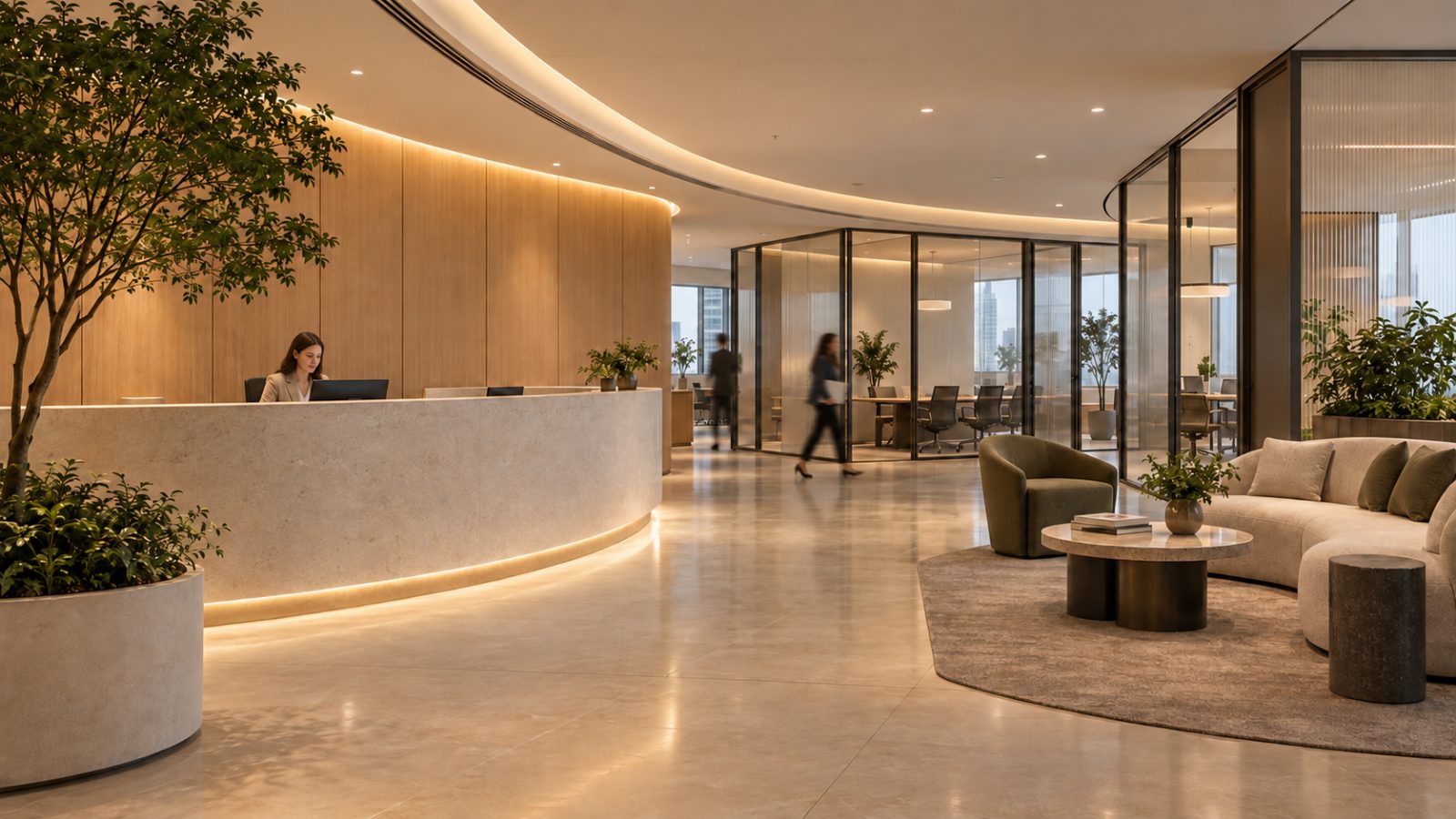 An office reception lit by a cove above the desk and light under its counter